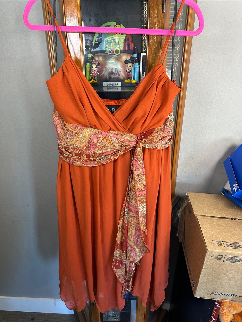 ABS Allen Schwartz Orange Midi Dress with Pink Paisley Sash